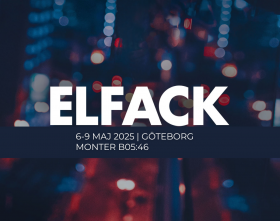 Mörk bakgrund med vit text som lyder "Elfack" med datum och plats